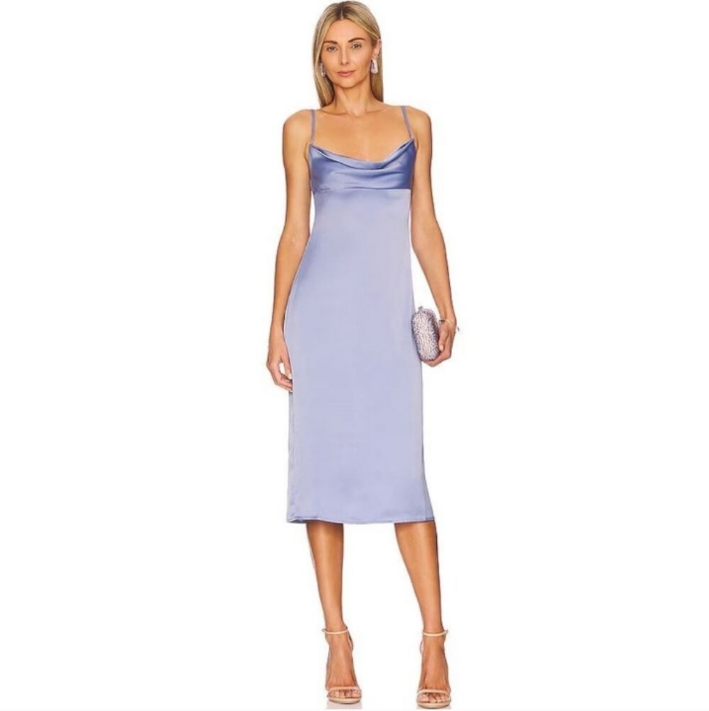 NEW WeWoreWhat Cowl Midi Slip Dress Slate Blue Satin Charmeuse Women's Size 2